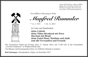 Traueranzeige von Manfred Rummler von Südthüringer Presse