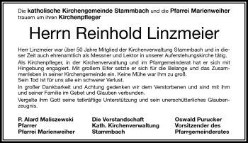 Traueranzeige von Reinhold Linzmeier von Frankenpost