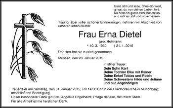 Traueranzeige von Erna Dietel von Frankenpost