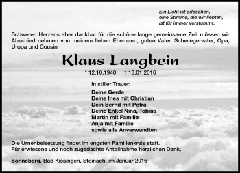 Traueranzeige von Klaus-Dieter Langbein von Südthüringer Presse