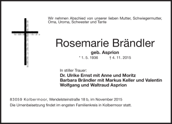 Traueranzeige von Rosemarie Brändler von Neue Presse Coburg