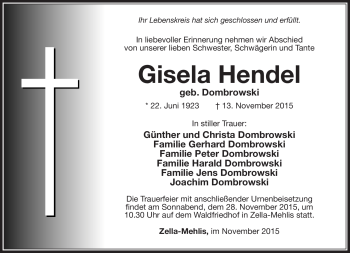Traueranzeige von Gisela Hendel von Südthüringer Presse