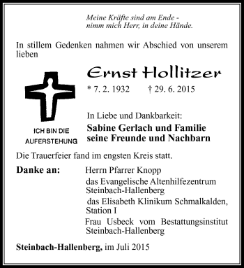 Traueranzeige von Ernst Hollitzer von Südthüringer Presse