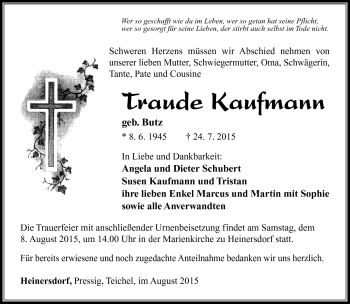 Traueranzeige von Traude Kaufmann von Südthüringer Presse