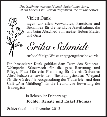 Traueranzeige von Erika Schmidt von Südthüringer Presse
