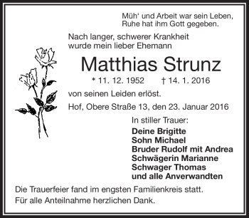 Traueranzeige von Matthias Strunz von Frankenpost