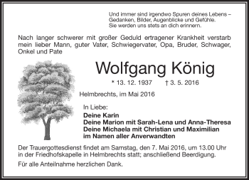 Traueranzeige von Wolfgang König von Frankenpost