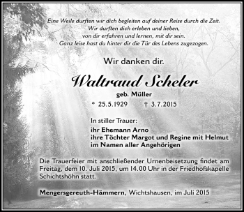 Traueranzeige von Waltraud Scheler von Südthüringer Presse