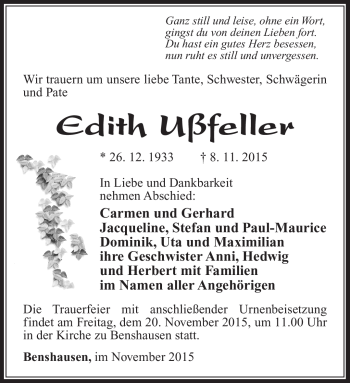 Traueranzeige von Edith Ußfeller von Südthüringer Presse