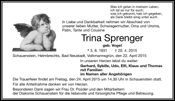 Traueranzeige von Trina Sprenger von Frankenpost
