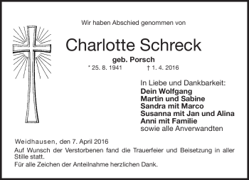 Traueranzeige von Charlotte Schreck von Neue Presse Coburg