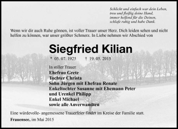 Traueranzeige von Siegfried Kilian von Südthüringer Presse
