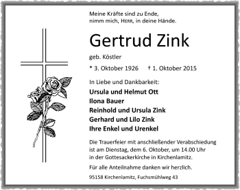 Traueranzeige von Gertrud Zink von Frankenpost