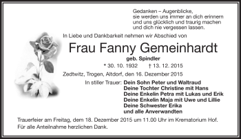 Traueranzeige von Fanny Gemeinhardt von Frankenpost
