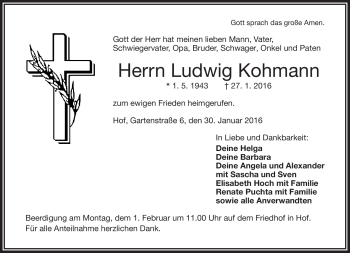 Traueranzeige von Ludwig Kohmann von Frankenpost
