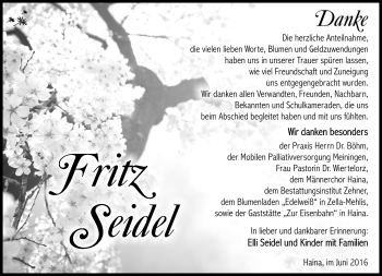 Traueranzeige von Fritz Seidel von Südthüringer Presse