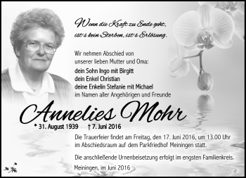 Traueranzeige von Annelies Mohr von Südthüringer Presse