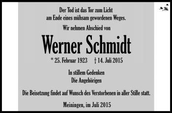 Traueranzeige von Werner Schmidt von Südthüringer Presse