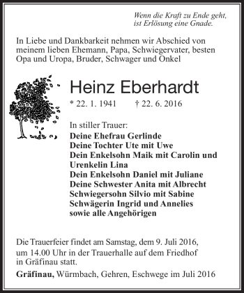 Traueranzeige von Heinz Eberhardt von Südthüringer Presse