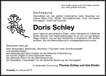 Traueranzeige von Doris Schley von Südthüringer Presse
