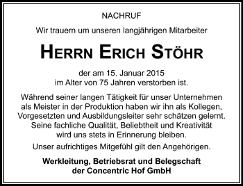 Traueranzeige von Erich Stöhr von Frankenpost
