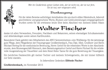 Traueranzeige von Walter Fischer von Südthüringer Presse