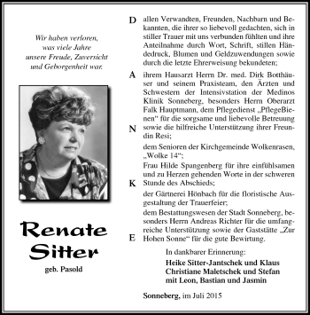 Traueranzeige von Renate Sitter von Südthüringer Presse