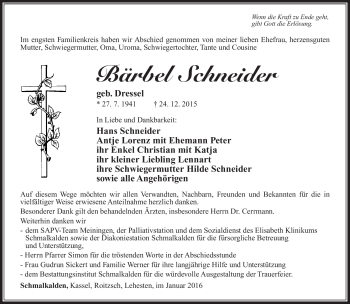 Traueranzeige von Bärbel Schneider von Südthüringer Presse