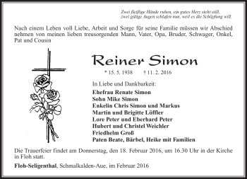 Traueranzeige von Reiner Simon von Südthüringer Presse