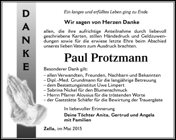 Traueranzeige von Paul Protzmann von Südthüringer Presse