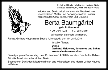 Traueranzeige von Berta Baumgärtel von Frankenpost