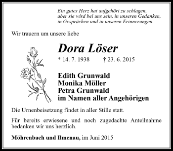 Traueranzeige von Dora Löser von Südthüringer Presse