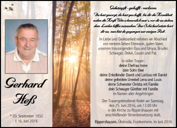 Traueranzeige von Gerhard Heß von Südthüringer Presse