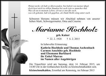 Traueranzeige von Marianne Hochholz von Südthüringer Presse