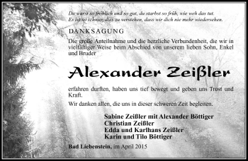 Traueranzeige von Alexander Zeißler von Südthüringer Presse