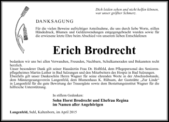 Traueranzeige von Erich Brodrecht von Südthüringer Presse