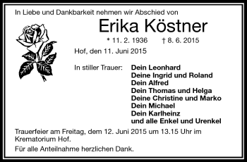Traueranzeige von Erika Köstner von Frankenpost