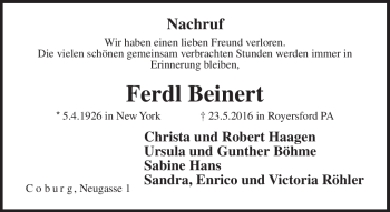Traueranzeige von Ferdl Beinert von Neue Presse Coburg
