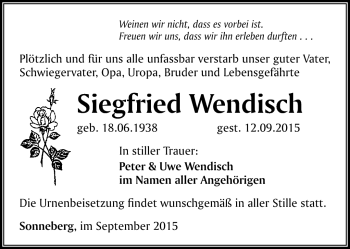Traueranzeige von Siegfried Wendisch von Südthüringer Presse