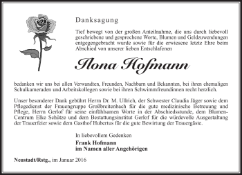 Traueranzeige von Ilona Hofmann von Südthüringer Presse