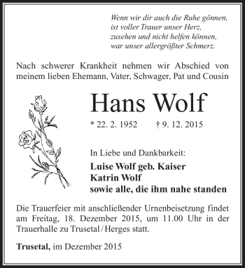 Traueranzeige von Hans Wolf von Südthüringer Presse