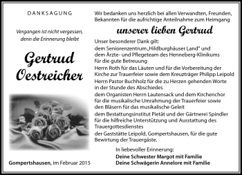 Traueranzeige von Gertrud Oestreicher von Südthüringer Presse