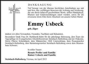 Traueranzeige von Emmy Usbeck von Südthüringer Presse