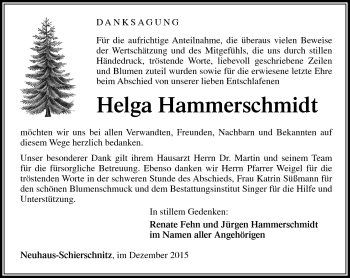 Traueranzeige von Helga Hammerschmidt von Südthüringer Presse