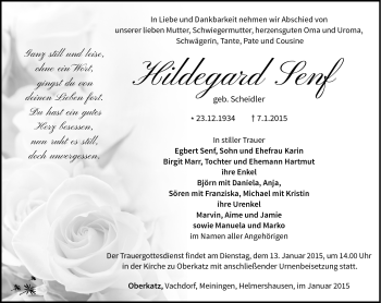 Traueranzeige von Hildegard Senf von Südthüringer Presse