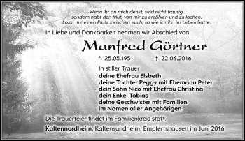 Traueranzeige von Manfred Görtner von Südthüringer Presse