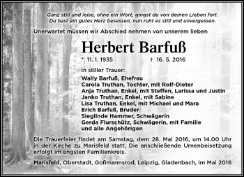 Traueranzeige von herbert Barfuß von Südthüringer Presse