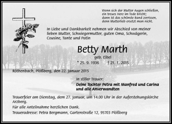 Traueranzeige von Betty Marth von Frankenpost