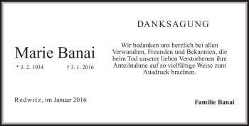 Traueranzeige von Marie Banai von Neue Presse Coburg