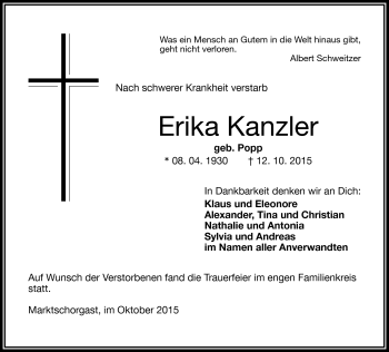 Traueranzeige von Erika Kanzler von Frankenpost